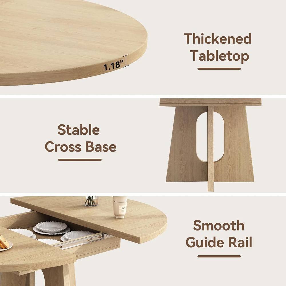 Epecoya 59-Inch Extendable Round Dining Table for Dining Room, Light Oak | 4-...