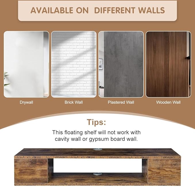 GHC Floating TV Stand, Wall Mounted Entertainment Center and Cabinet Shelf, TV Console with Storage, Media Console for DVD Player, Space-Saving Under TV Shelf for Bedroom (Rustic Brown)