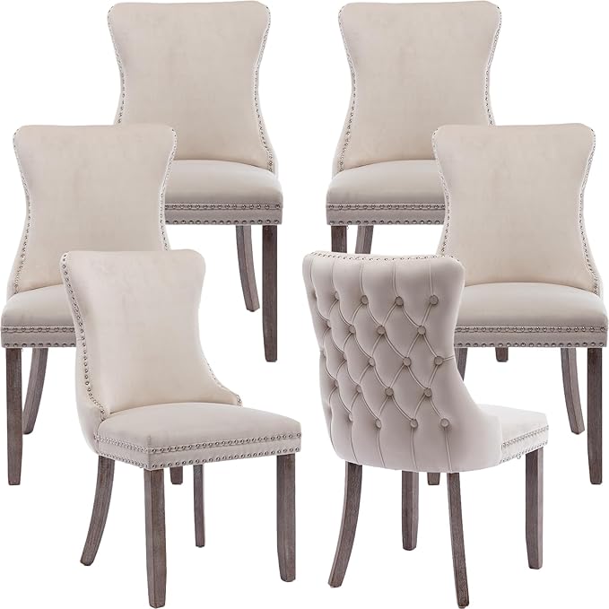 Modern Dining Chairs Set of 6, Upholstered Dining Chair with Full Back and Button Tufting, Beige Velvet Accent Chair, Sillas de Comedor, 6 Dining Chairs (Beige, Velvet, 6Pcs)