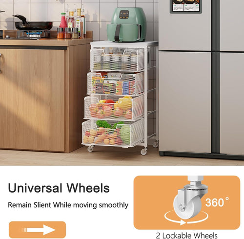4-Tier Kitchen Storage Cart - Fruit Vegetable Storage Cart with Drawers, Wooden Top Metal Wire Kitchen Organizer and Storage Cart with Wheels to Storage Onions Potatoes Cans Snacks for Kitchen
