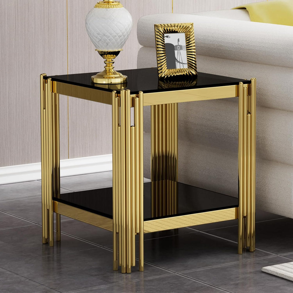 Modern Square End Table Black Glass Sofa Side Table with Gold Stainless Steel...