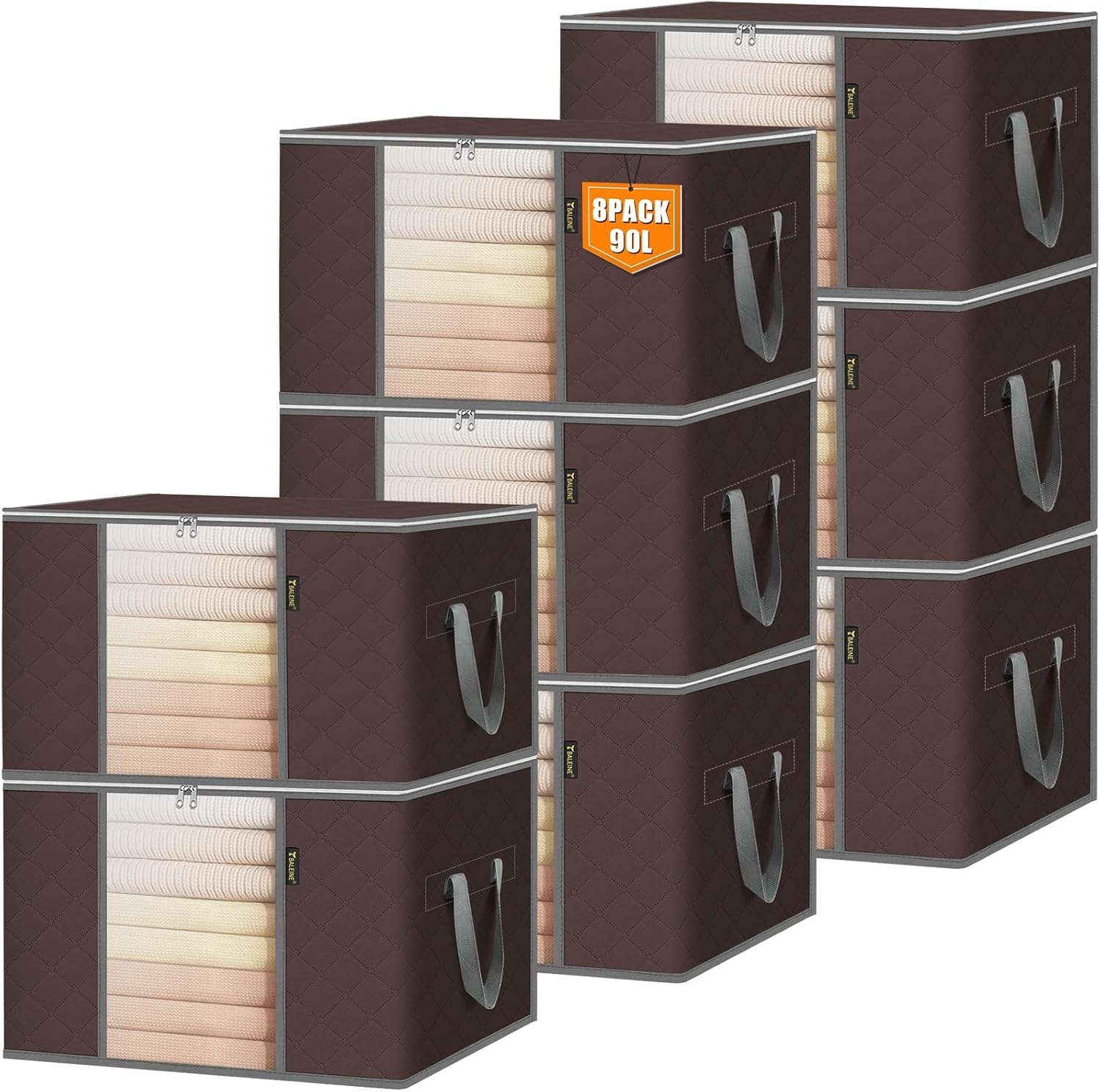 BALEINE 8 Pack Clothes Storage Bags, 24 Gallon Storage Containers with Reinforced Handle, Sturdy Zipper, Closet Organizer for Blanket, Comforter, Pillow, Bedding (Brown, 8 Pack)