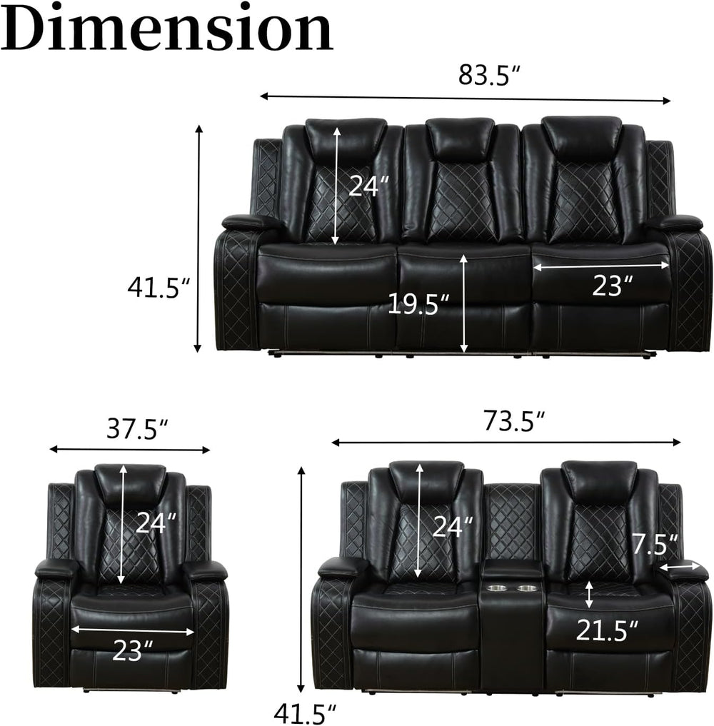 Power Recliner Sofa Set, Breathing Leather Reclining Couch Set, 3 Piece Livin...