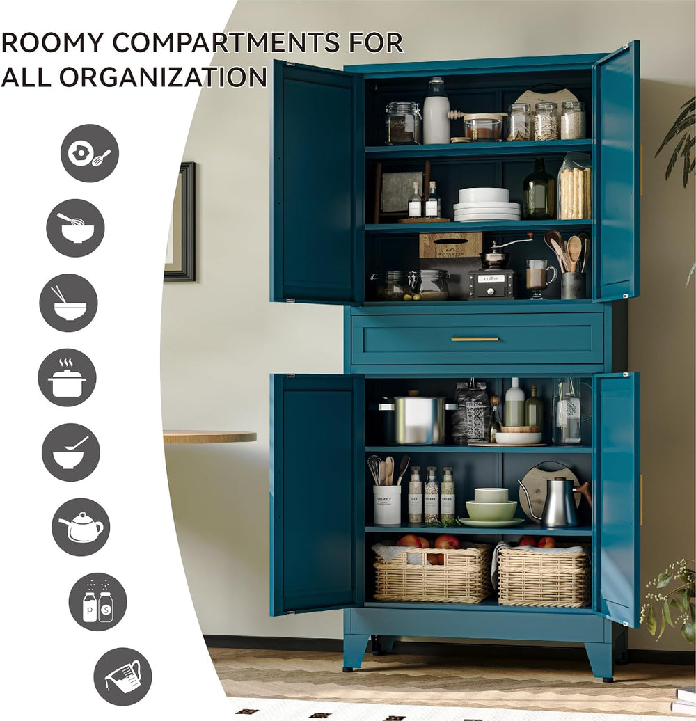 COFaR 71" Metal Pantry Cabinet with Drawer, Peacock Blue Storage Cabinet...