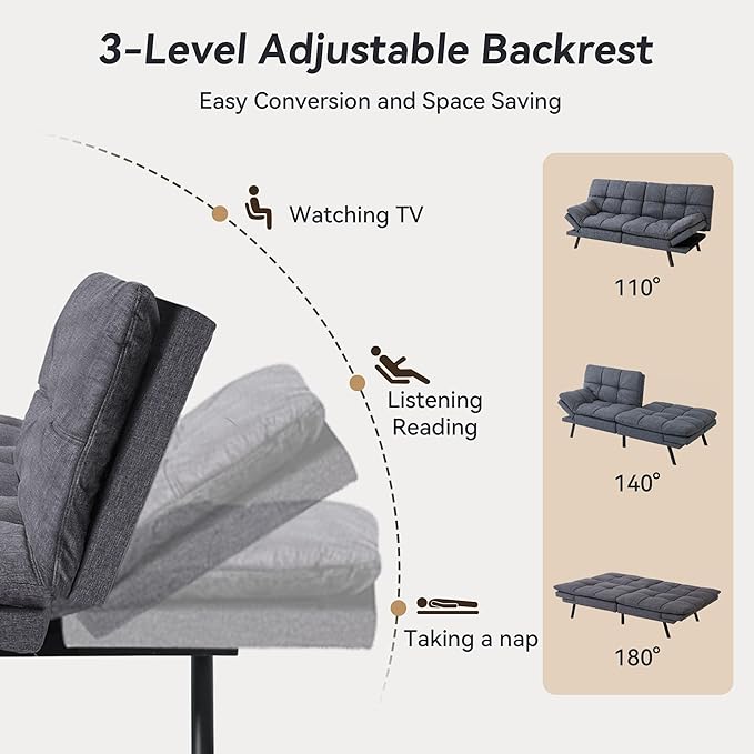 71" Convertible Futon Sofa Bed,Linen Fabric Futon Couch Bed,Memory Foam Sleeper Sofa,Modern Folding Small Loveseat for Living Room,Office,Apartment,Retro Grey