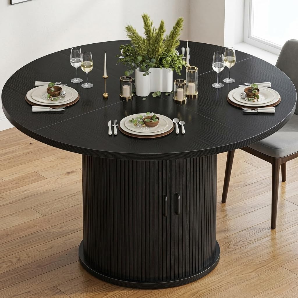47 Inch Round Dining Table with Storage, 2-Layer Shelf & Wood Slide Door, Farmhouse Style, Waterproof Top, 330 lbs Capacity, for 4-6 Person, Easy Assembly, Ebony