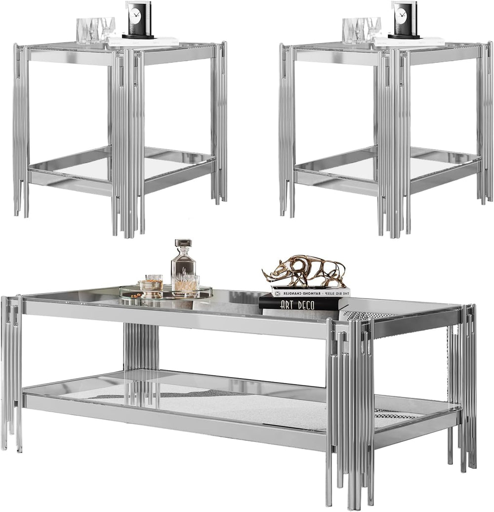 Modern Glass Coffee Table Set of 3, Luxury 2-Tier Clear Glass Coffee Table an...
