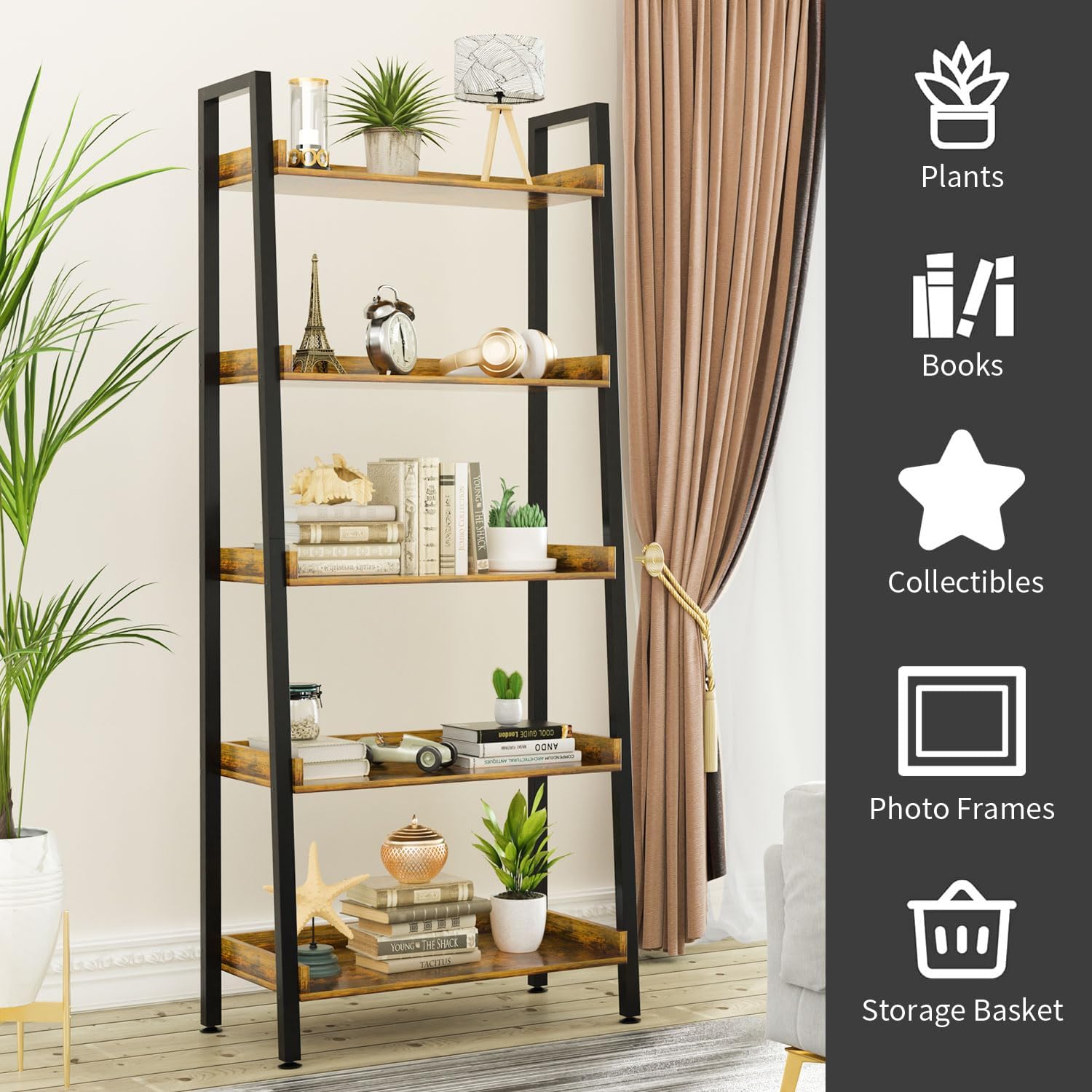 ASTARTH 5-Tier Ladder Shelf, 67 Inch Tall Open Floor Standing Bookshelf | Wooden Display Shelves with Metal Frame, for Living Room, Home Office, Rustic Brown