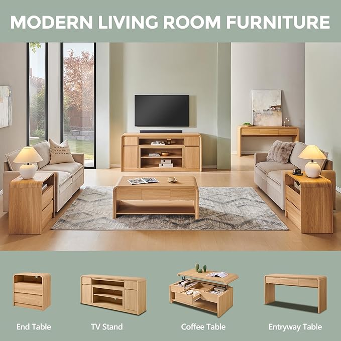 Modern TV Stand for 80 Inch TVs, 32"Tall Entertainment Center w/Storage Cabinet& drawers, Media Console Cabinet w/Soundbar &Adjustable Shelves for Living Room, Curved Profile Design, 70 inch (Natural)