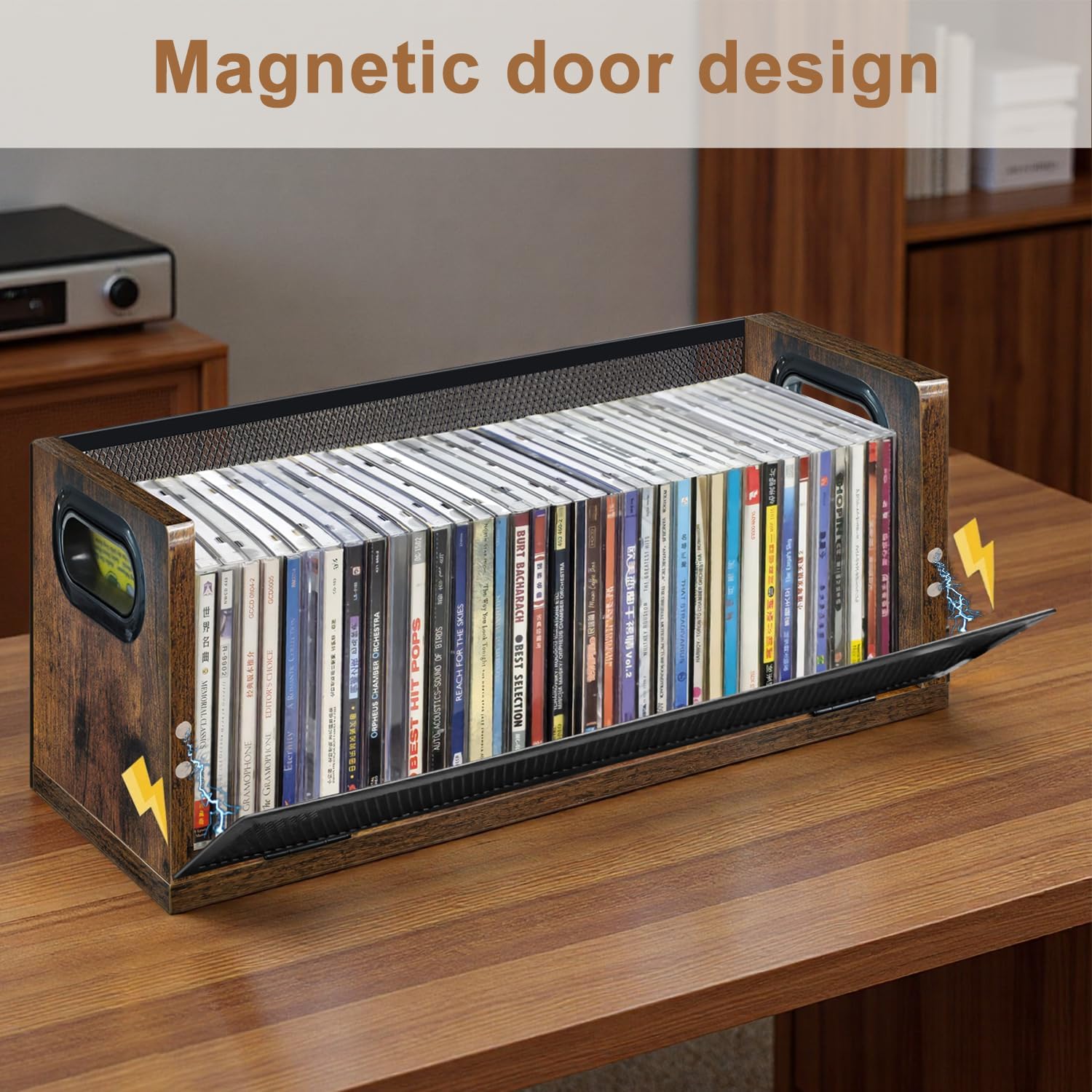 CD Storage Rack with Magnetic Door 2 Pack - Holds 76 Full Case CDs, Multi-Tier Desktop & Closet Display Stand for Video Games, Papers, Cards