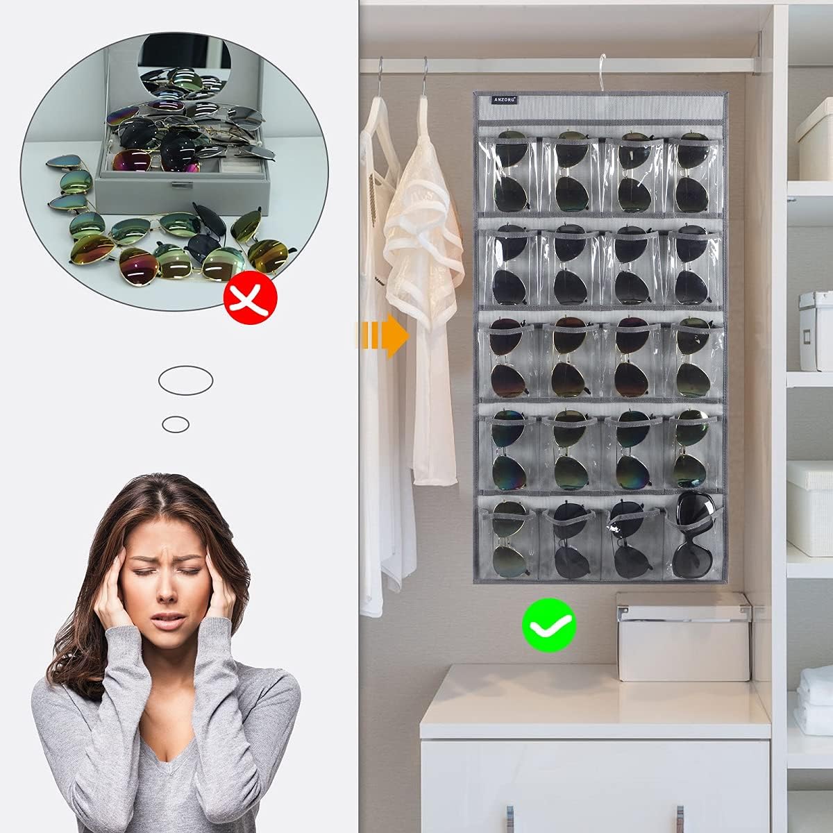 Dual Sided Hanging Sunglasses Organizer Storage Wall Mounted Eyeglasses Holder Eyewear Display Case with 40 Clear Slots (40 Pockets-Grey)