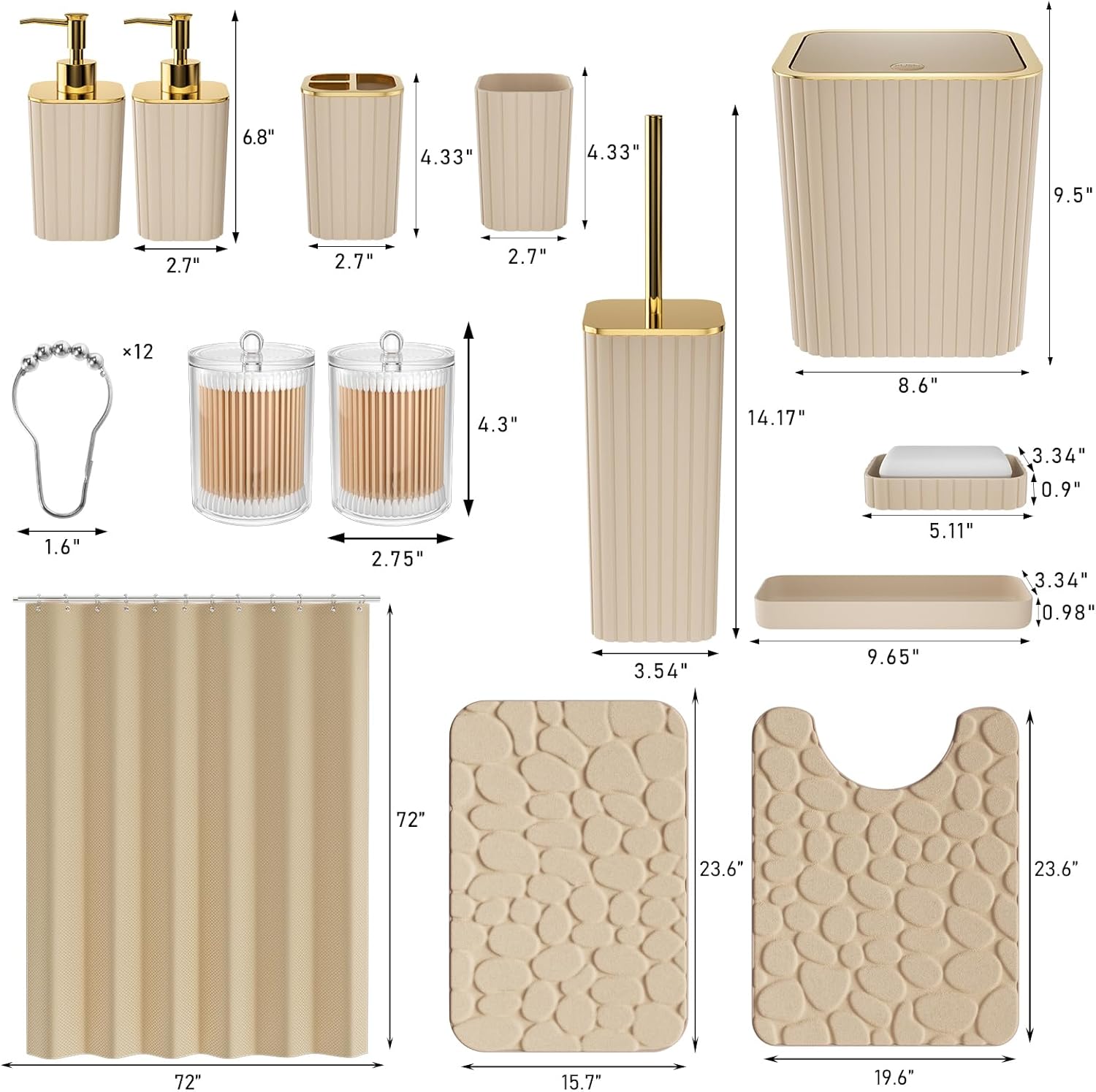 Bathroom Accessories Set - 25PC Bathroom Sets with Shower Curtain and Rugs, Beige Bathroom Accessories with Trash Can, Soap Dispenser, Soap Dish & Toilet Brush