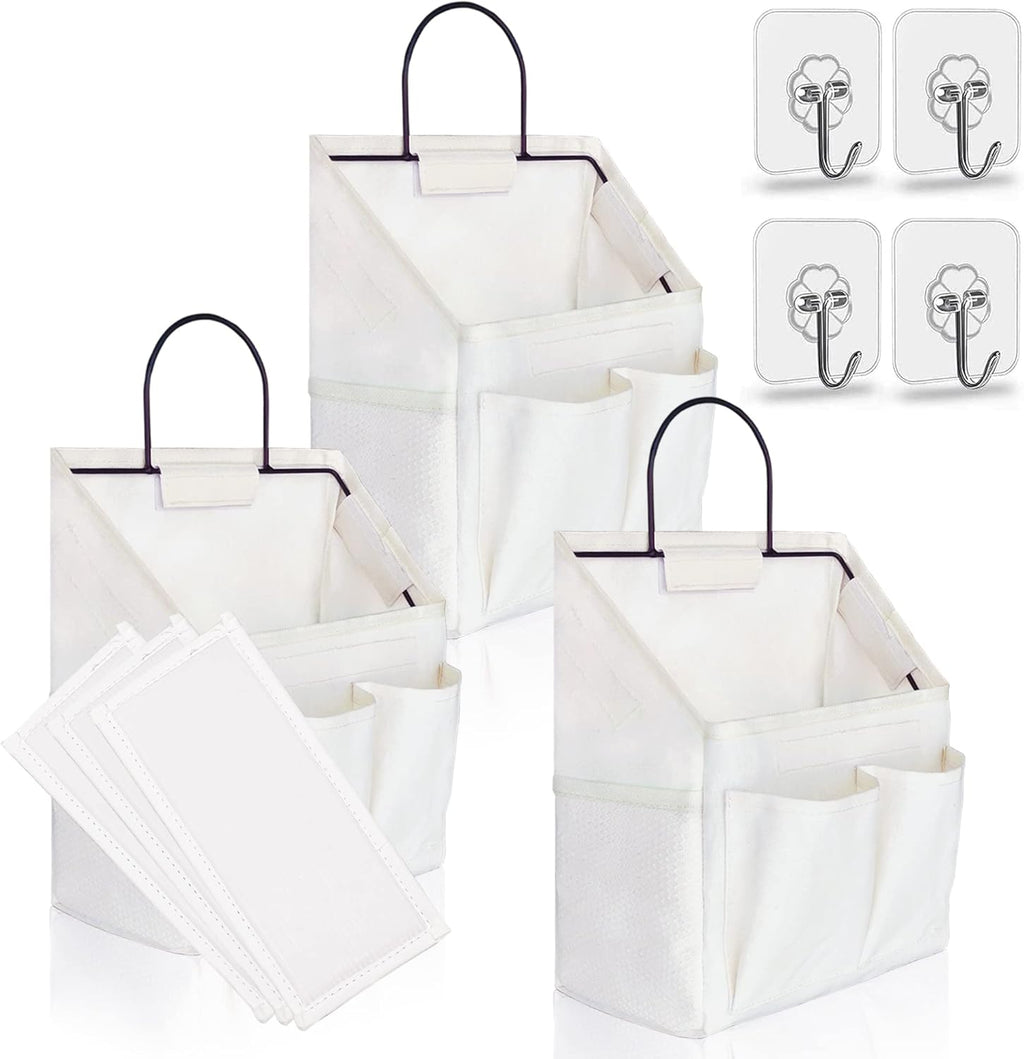3pcs Small Wall Hanging Organizer Bag, Linen Fabric Door Hanging Storage Basket with Pockets, Waterproof Bin for Kitchen, Bedroom, Office, RV Camper (White)