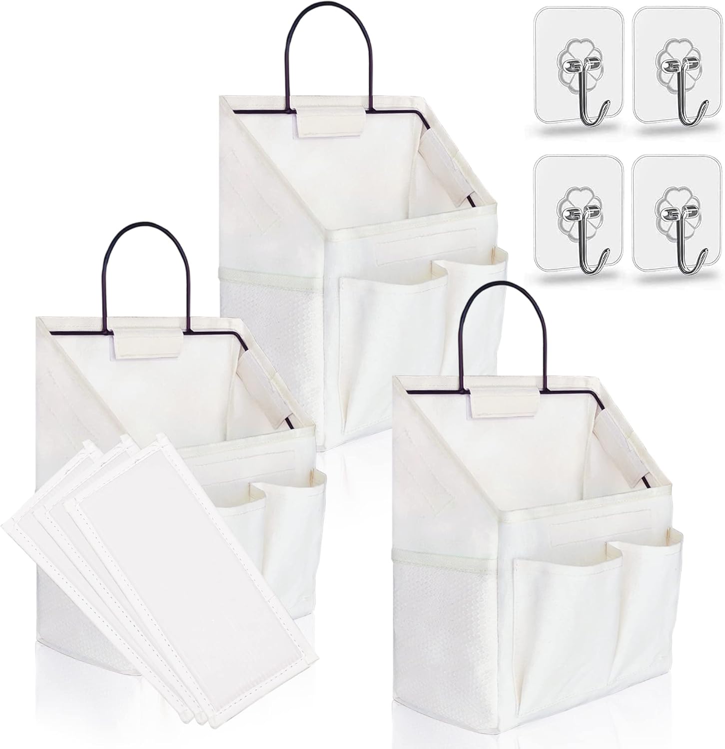 3pcs Small Wall Hanging Organizer Bag, Linen Fabric Door Hanging Storage Basket with Pockets, Waterproof Bin for Kitchen, Bedroom, Office, RV Camper (White)