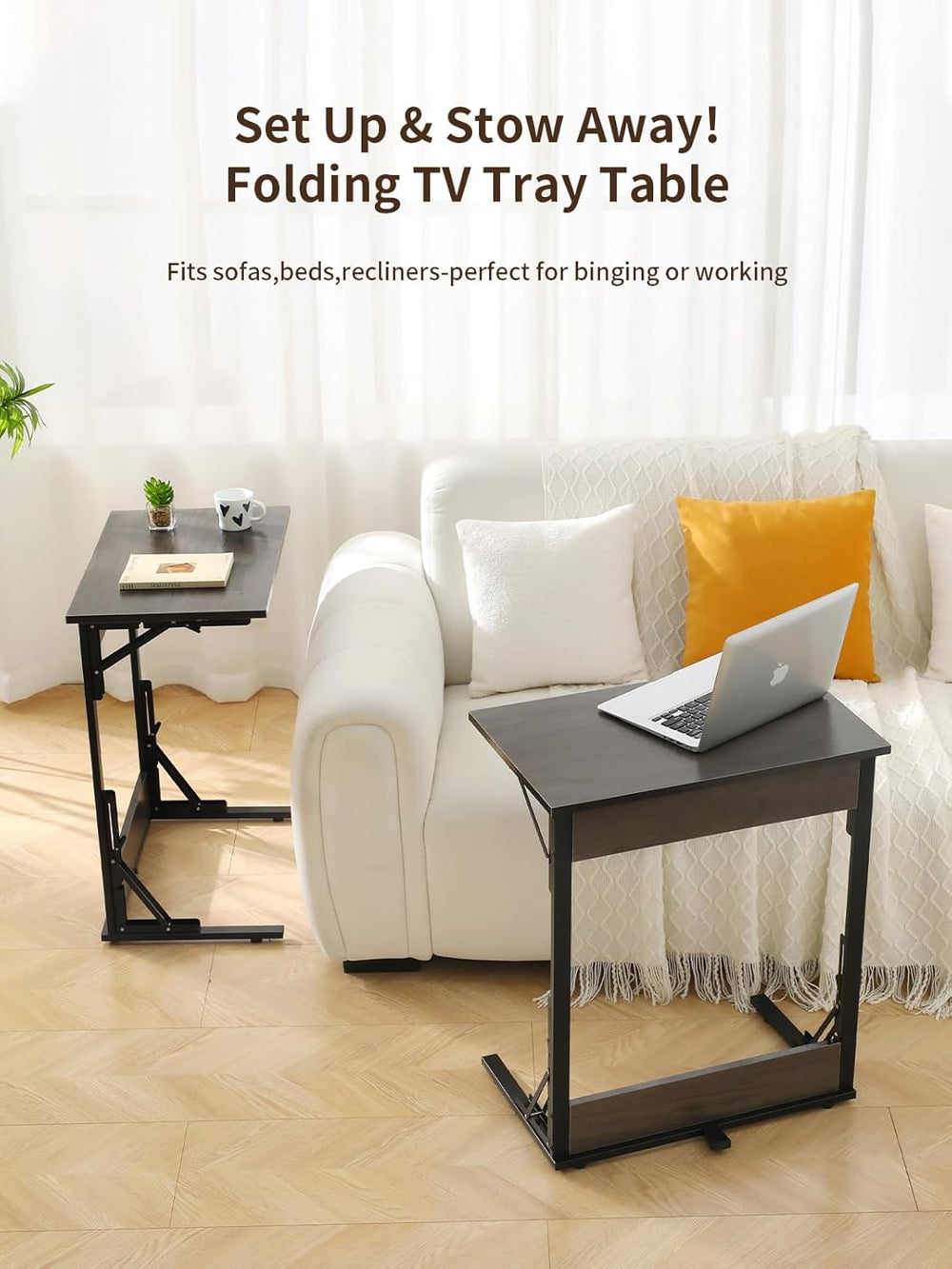 Upgraded 24" Folding C Shaped End Table, Small Sofa Side Laptop Desk, Co...