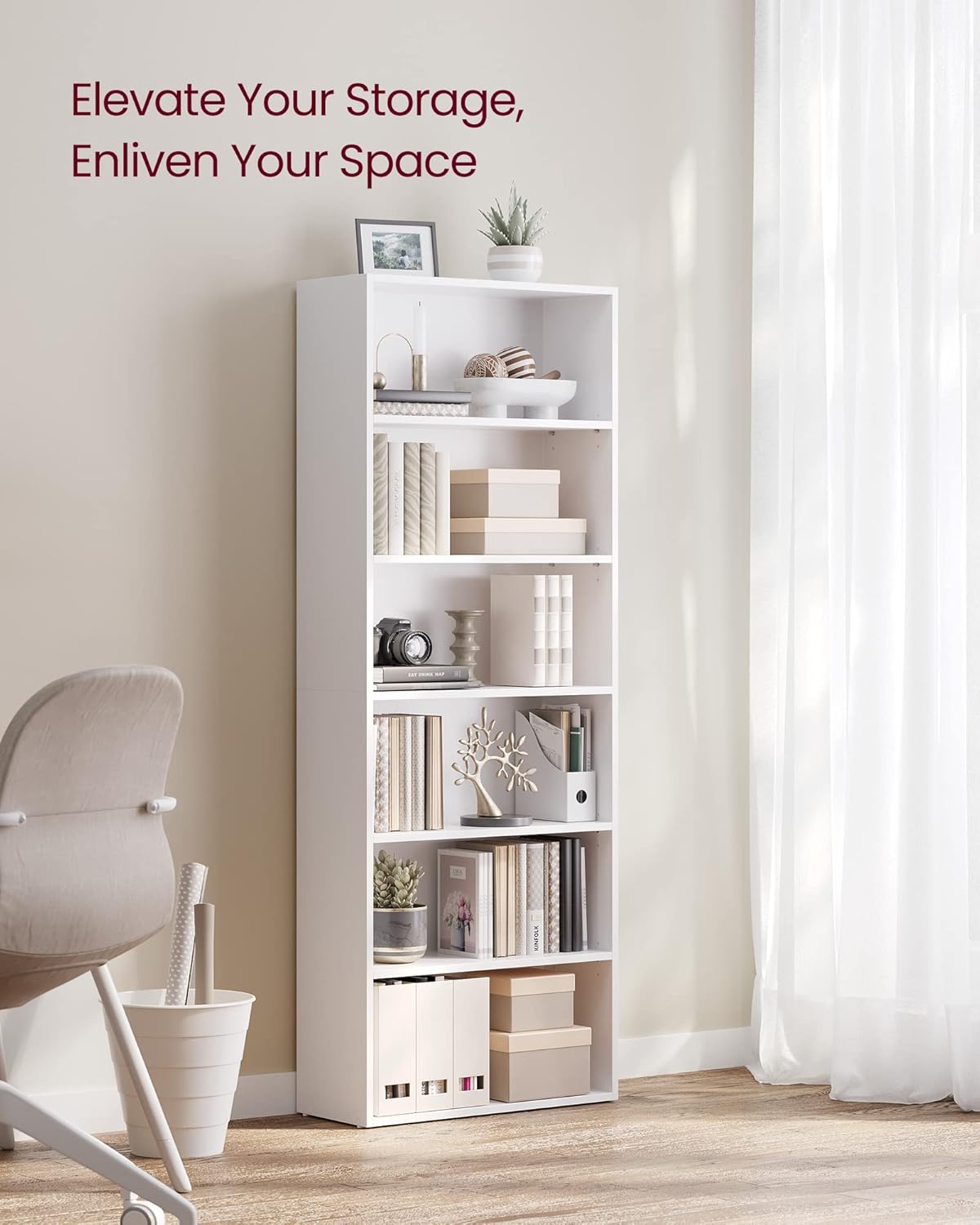 VASAGLE CUSTOS Collection - Bookshelf, 6-Tier Bookcase, Book Shelf, Open Storage Shelf, 9.4 x 23.6 x 63.3 Inches, for Living Room, Home Office, Dinning Room, Cloud White ULBC166T14