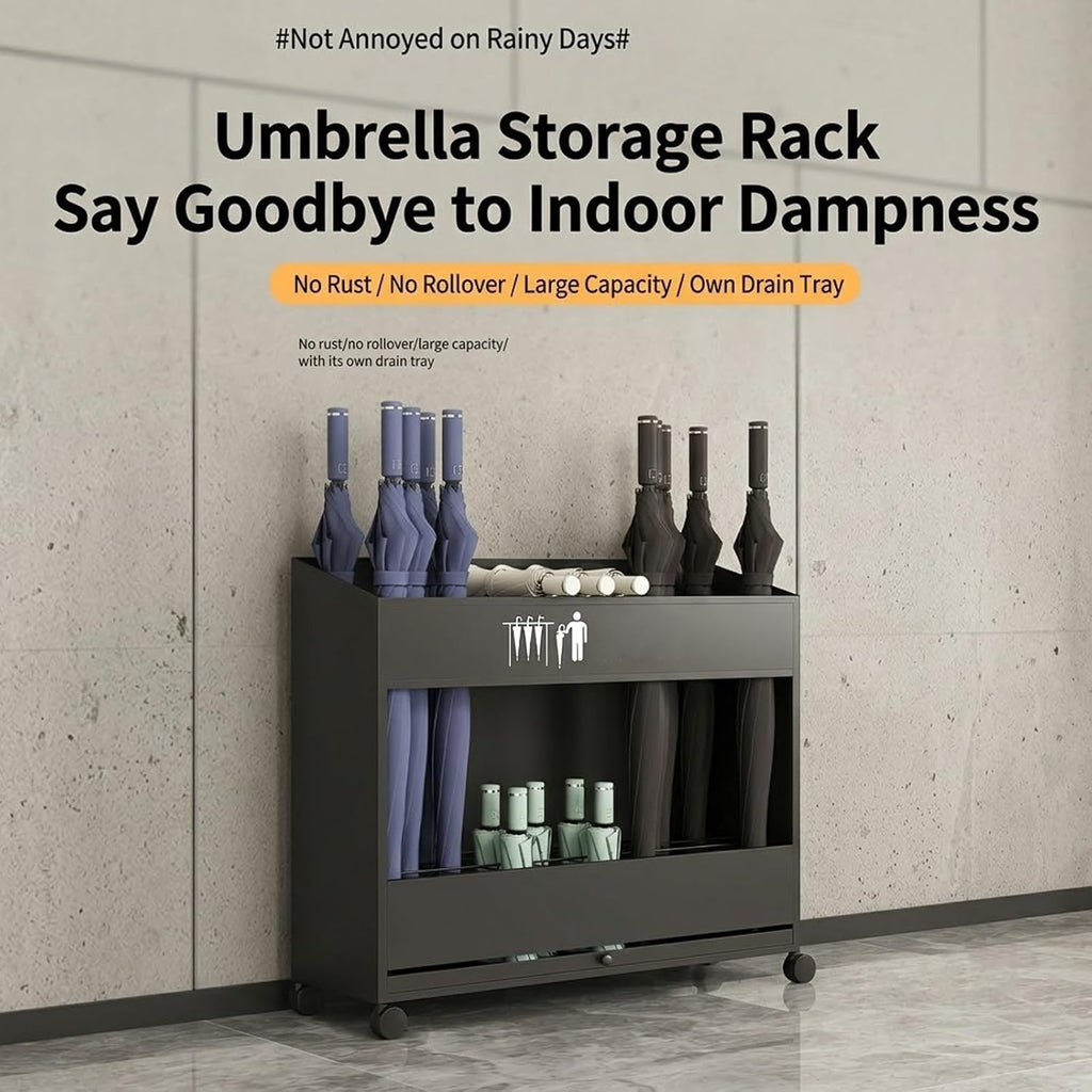 Movable Large Capacity Metal Umbrella Stand Rack with Drip Tray, Tiered Umbrella Organizer Holder, Can hold 15/24/33 umbrellas, for Commercial, Hotel, Entryway(Black,Medium)