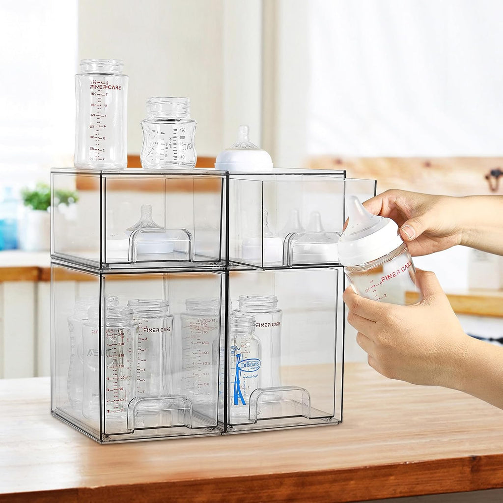 Baby Bottle Organizer, 4 Pack Clear Space-Saving Stackable Drawer with Handle, Baby Bottle Storage Organizer for Countertop and Cabinet