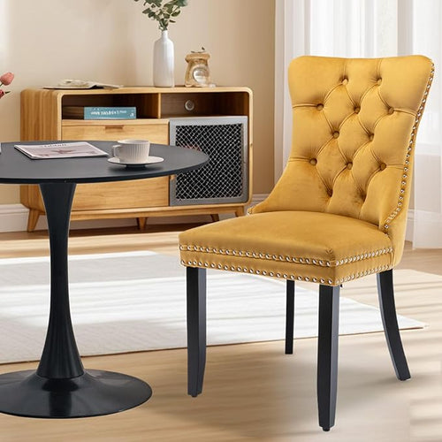 3-Pieces 31.5" Round Dining Table Set for 2, Black Dining Table & Velvet Upholstered Dining Chairs Set of 2 for Kitchen Dining Room Apartment Small Space(Gold Chairs)