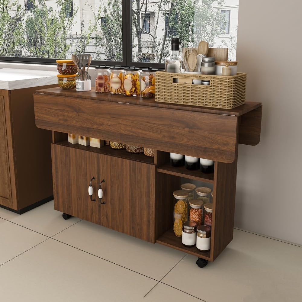 Folding Dining Table with Wheels, Drop Leaf Dinner Table with 2-Layer Storage...
