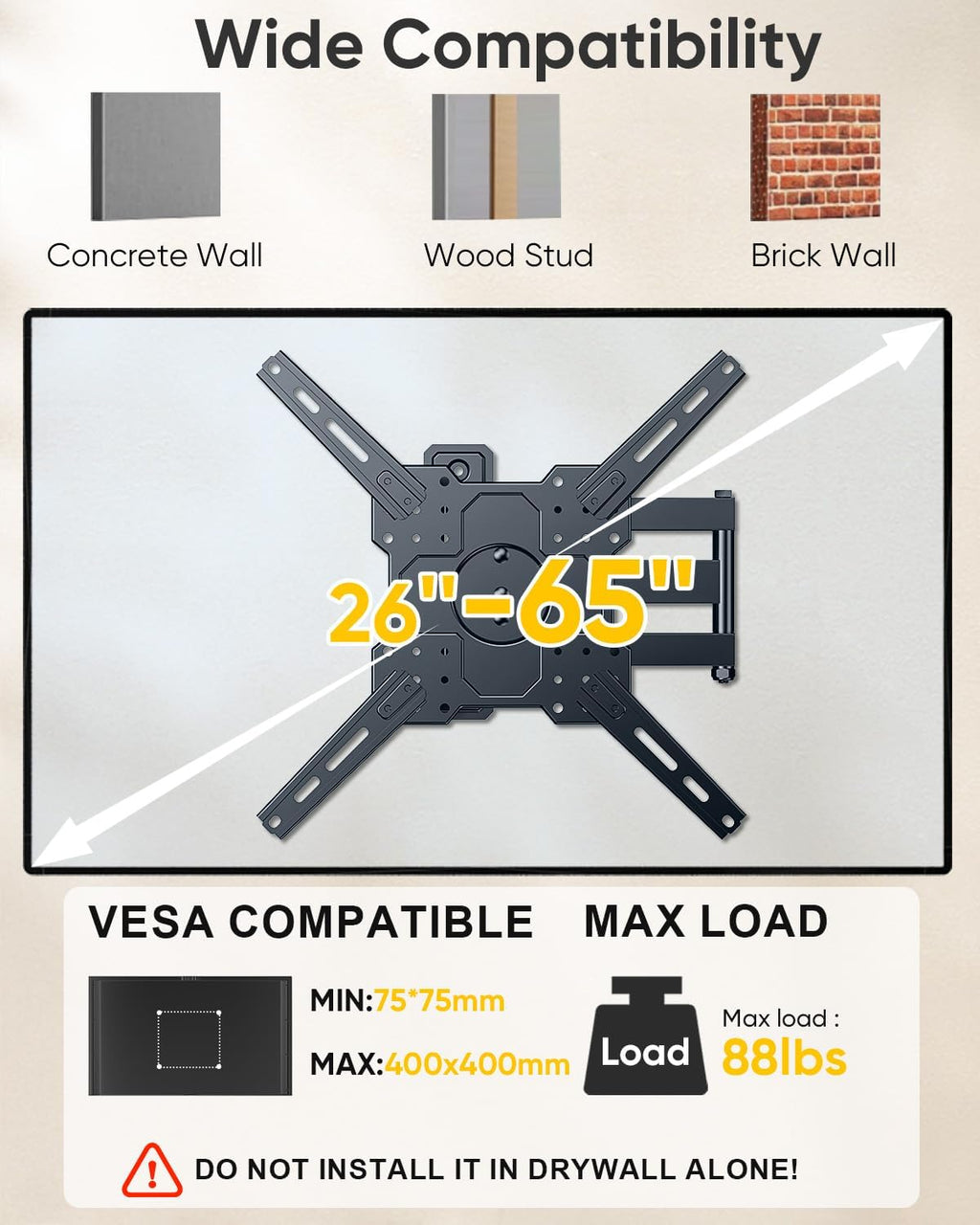 FORGING MOUNT TV Wall Mount for 26-65 inch TVs up to 88 lbs,Rotating Full Motion TV Wall Mount with Articulating Arms, Extension, Tilt, Swivel, Max VESA 400x400mm