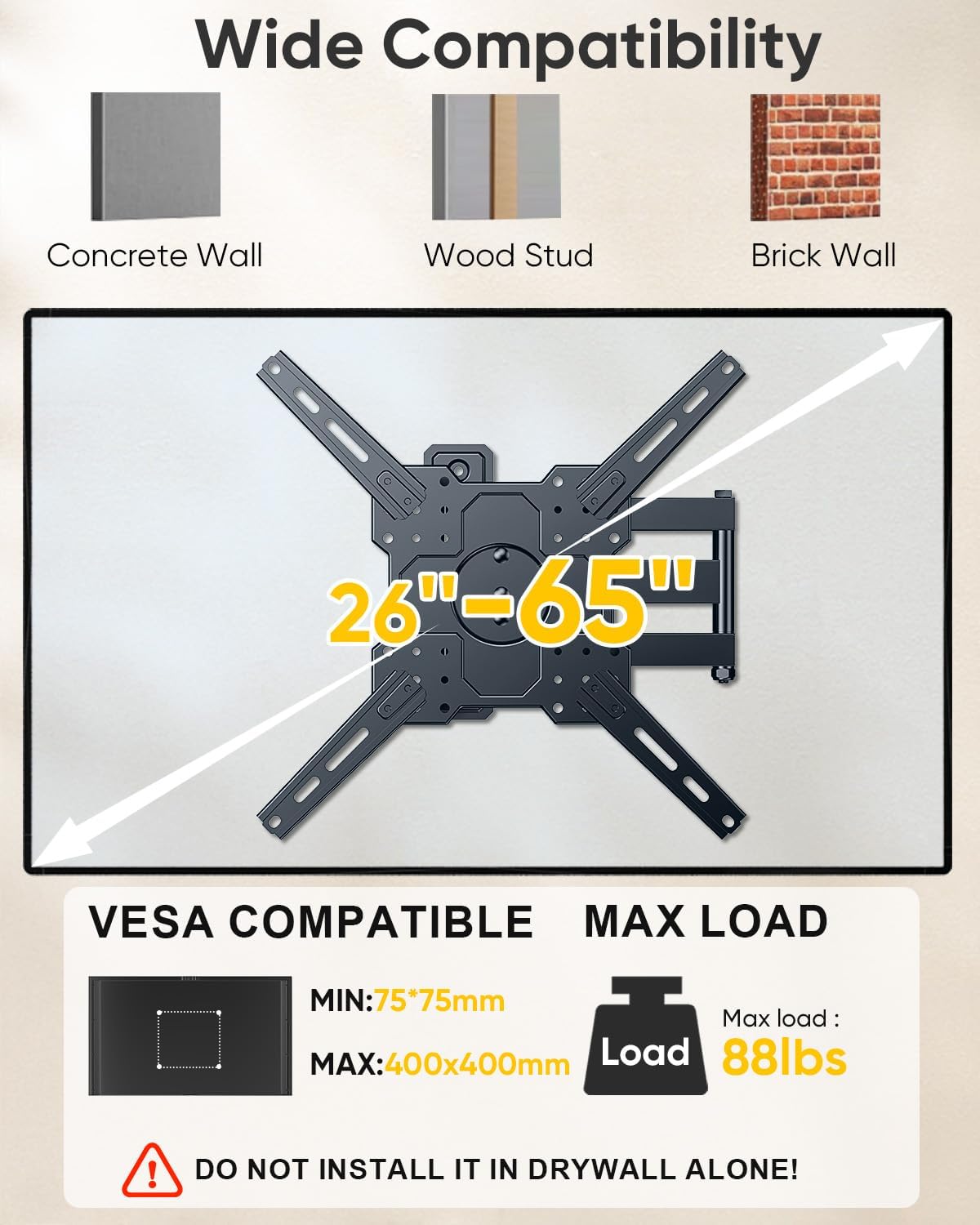 FORGING MOUNT TV Wall Mount for 26-65 inch TVs up to 88 lbs,Rotating Full Motion TV Wall Mount with Articulating Arms, Extension, Tilt, Swivel, Max VESA 400x400mm