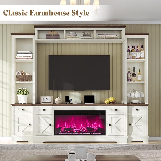 AMERLIFE 98in Farmhouse Entertainment Center with 36" Fireplace, TV Stan...