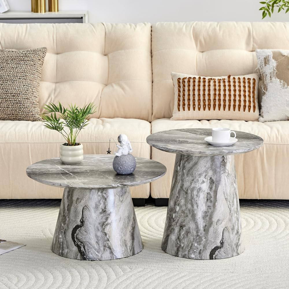 Nesting Coffee Table Set, Gray Veneer Round Tables, Mid-Century Modern | Roun...