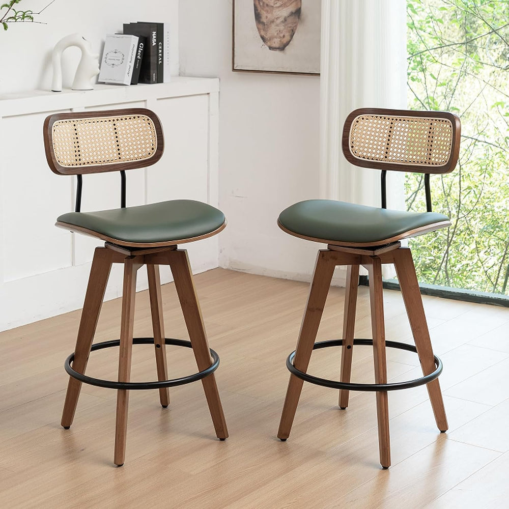 26" Rattan Bar Stools Set of 2, Faux Leather Counter Height Swivel Barst...