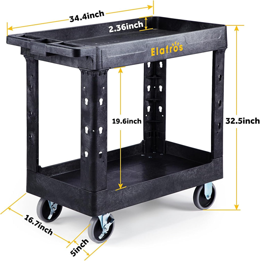 ELAFROS Heavy Duty Plastic Utility Cart 34 x 17 Inch - Work Cart Tub Storage W/Deep Shelves and 2 Fixed 2 Swivel Wheels Safely Holds up to 550 lbs - 2 Tier Service Cart for Warehouse,Garage, Black