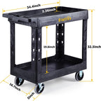 ELAFROS Heavy Duty Plastic Utility Cart 34 x 17 Inch - Work Cart Tub Storage W/Deep Shelves and 2 Fixed 2 Swivel Wheels Safely Holds up to 550 lbs - 2 Tier Service Cart for Warehouse,Garage, Black