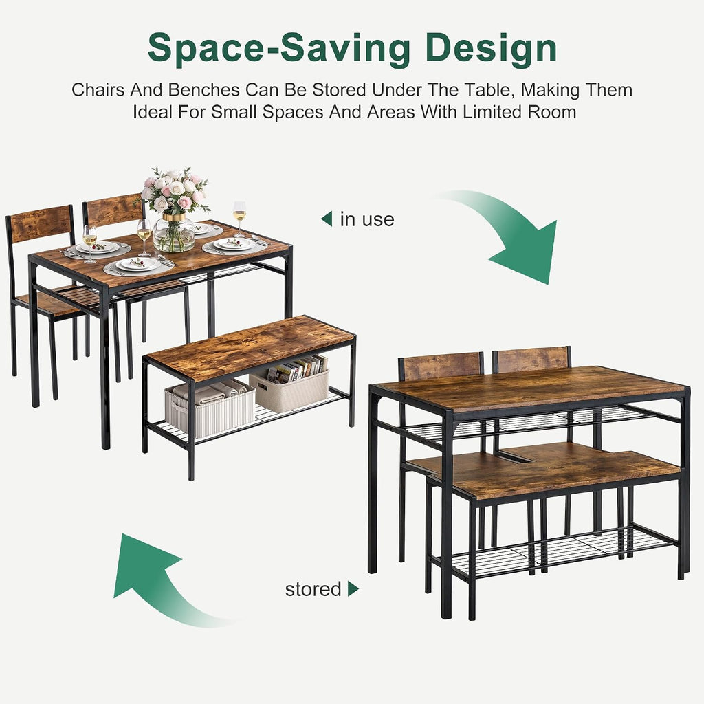 VECELO Kitchen Dining Room Table with 2 Chairs & Bench, Compact Space-Saving Design, Easy Assembly Steel Frame, Perfect for Small Apartments & Breakfast Nooks，Dark Brown