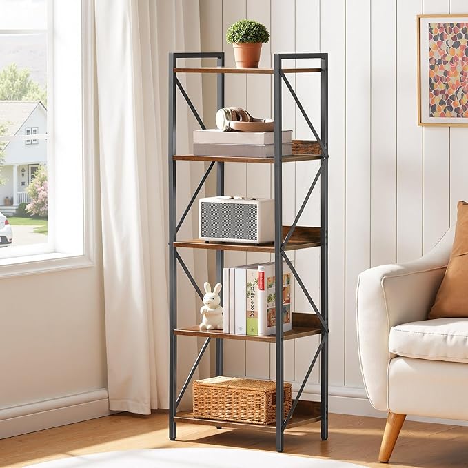 HOOBRO Bookshelf, 5-Tier Industrial Bookcase, Book Shelf Storage Organizer, T...
