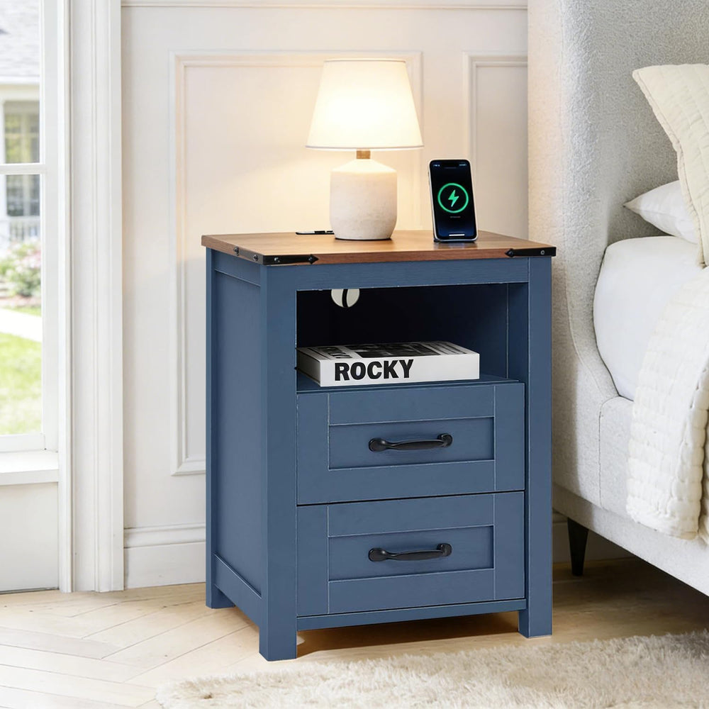 Farmhouse Nightstands Set of 2 with Charging Station, End Table with 2 Drawer...