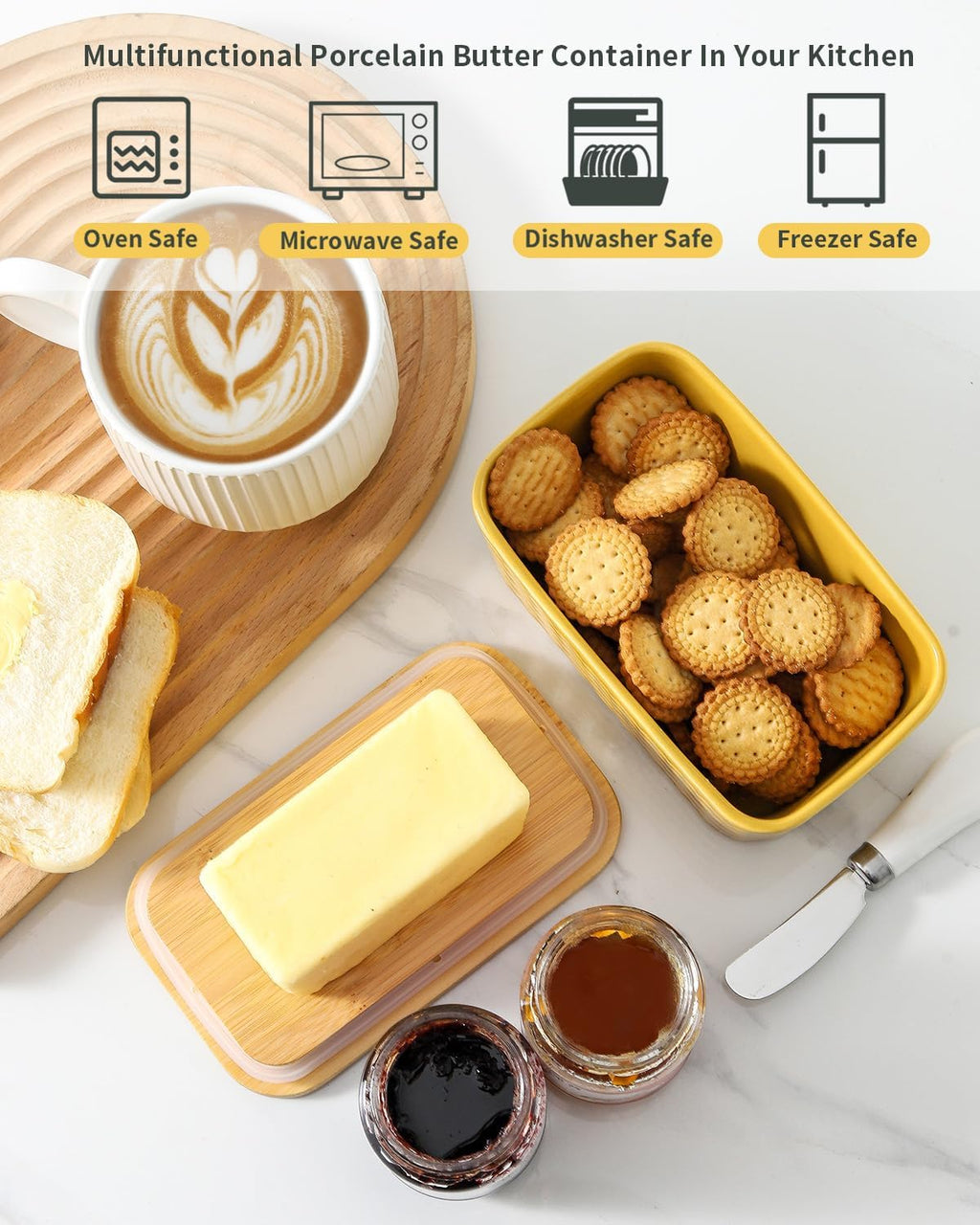 Hasense Ceramic Butter Dish with Sealing Lid, Large Yellow Butter Container for Countertop Airtight Butter Stick Covered Keeper Storage,Embossed Pattern,Easy Clean Dishwasher Safe