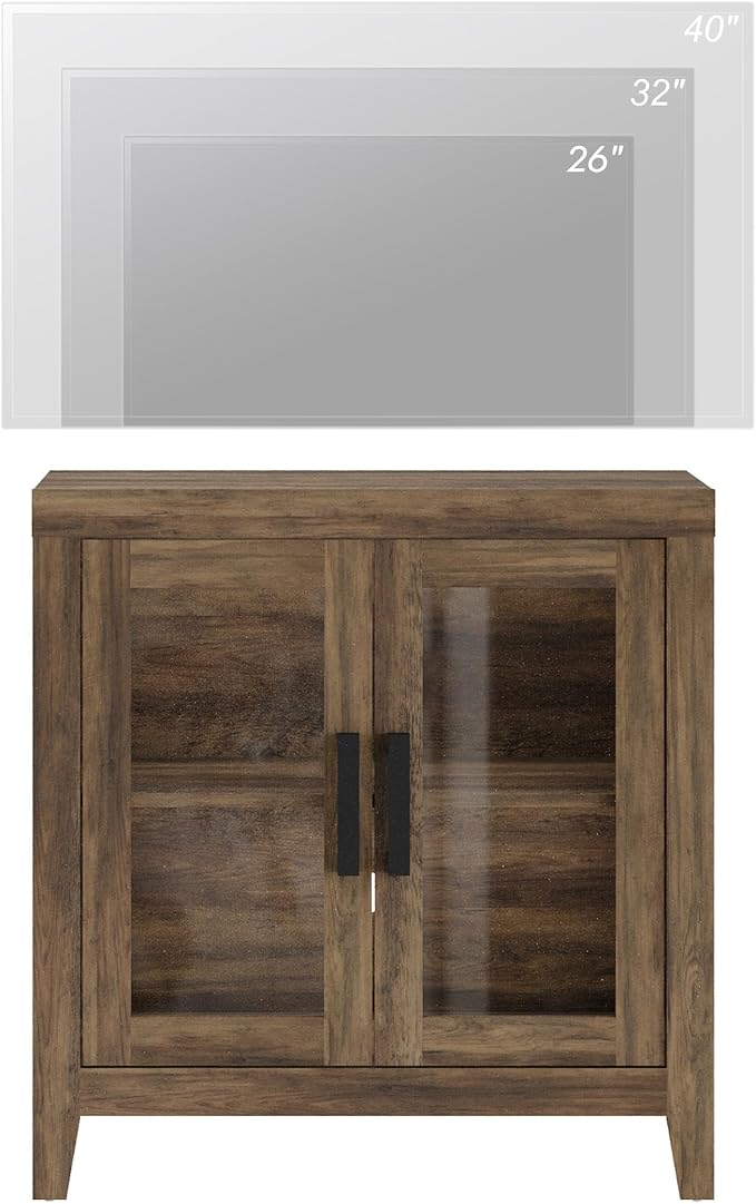 WAMPAT Farmhouse TV Stand for TVs up to 50”, Rustic Wood Entertainment Center with Adjustable Shelf, Glass Doors & Storage, Media Console Cabinet for Living-Room, Bedroom, Brown