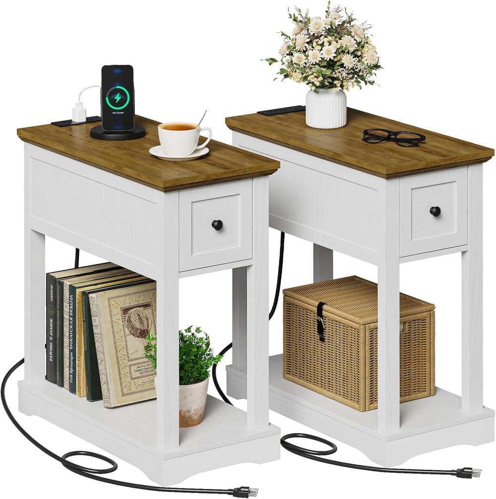 Side Table Set of 2, Side Table with Storage, Farmhouse End Table, Thicken Ba...