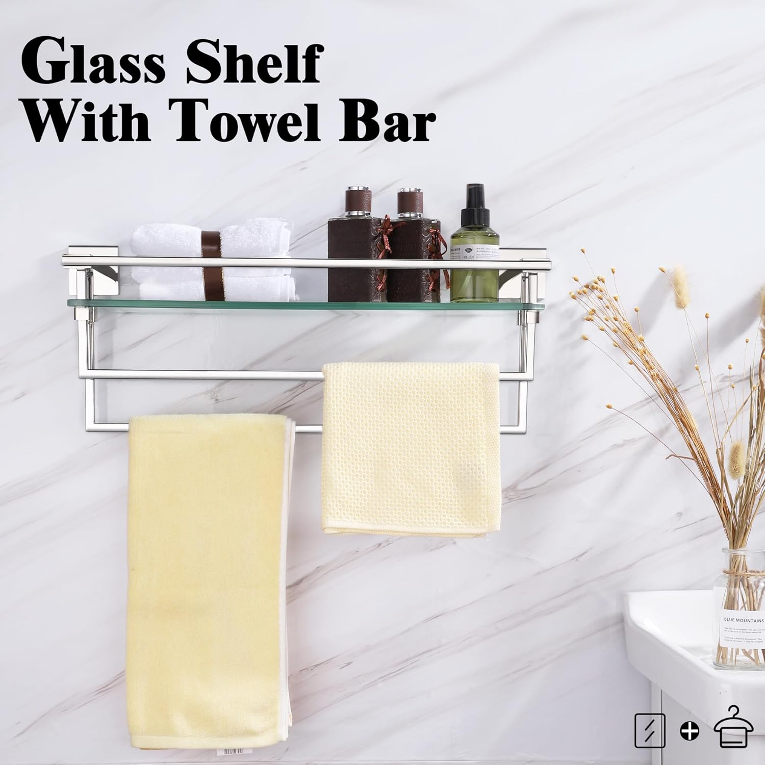 LANC Bathroom Shelf with Towel Bars - 20-Inch Silver Floating Tempered Glass Shelves with 2 Rails for Bathroom Kitchen Accessories Organizer Glass Rack Wall Mount Stainless Steel Chrome, A7617CP