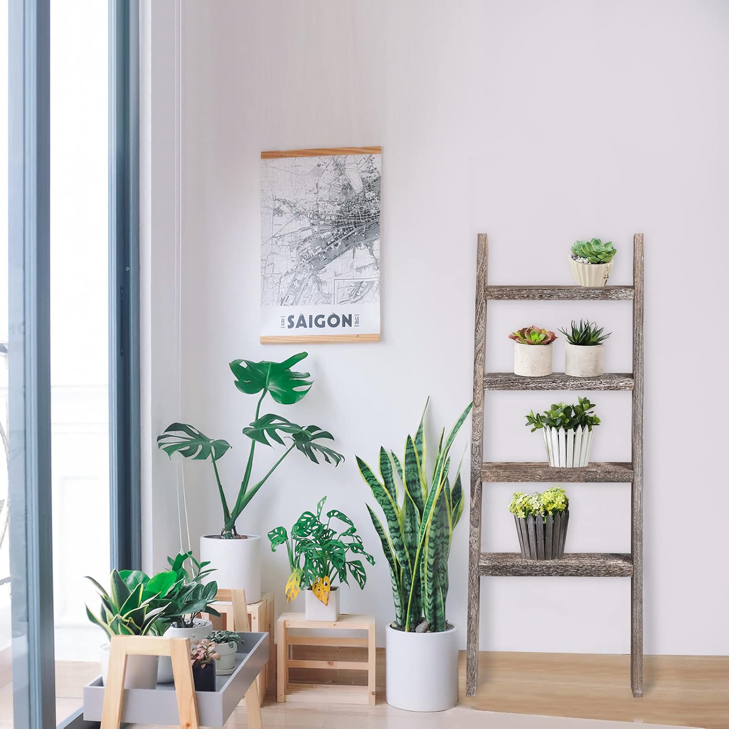 KIAYACI 4-Tier Blanket Ladder Shelves Farmhouse Decorative Ladder Wood Shelves Quilt Rack Wood Ladder Blanket Ladder for The Living Room Boho Shelf Decor(Vintage Walnut, 48" x 22")