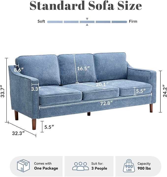 Kingfun 80" Chenille Sofa, 3 Seater Couch, Mid Century Modern Couches with Solid Wood Legs for Living Room & Bedroom, Light Blue