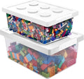 loobuu Plastic Storage Bins with Lids - Stackable Toy Storage Organizer Box Set of 2, Toy Chests with Compatible Building Baseplate and Lid, Storage Container for Building Bricks & Toys- White