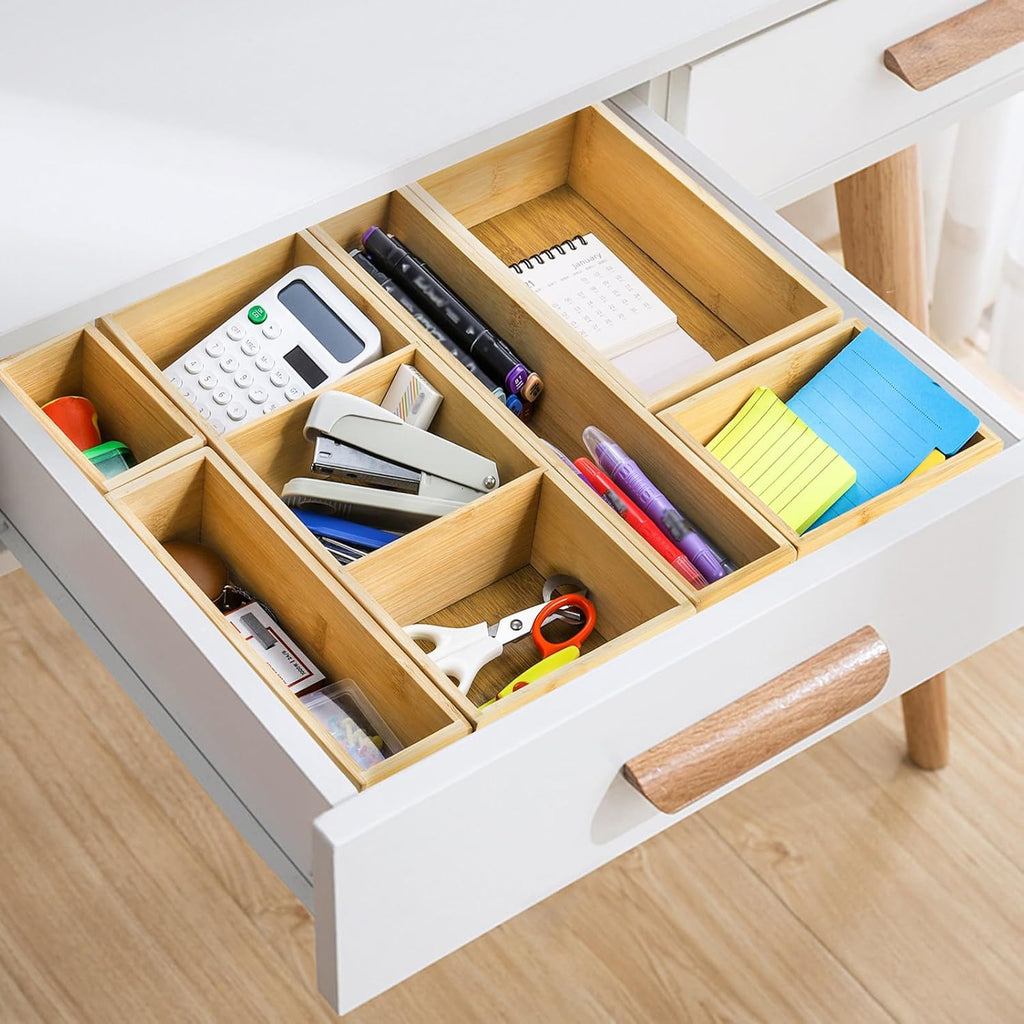 Youeon Set of 6 Bamboo Drawer Organizer Storage Box, Adjustable Cutlery Drawer Organizer, Silverware Organizer Multi-Use for Office, Home, Kitchen, Bedroom, Bathroom