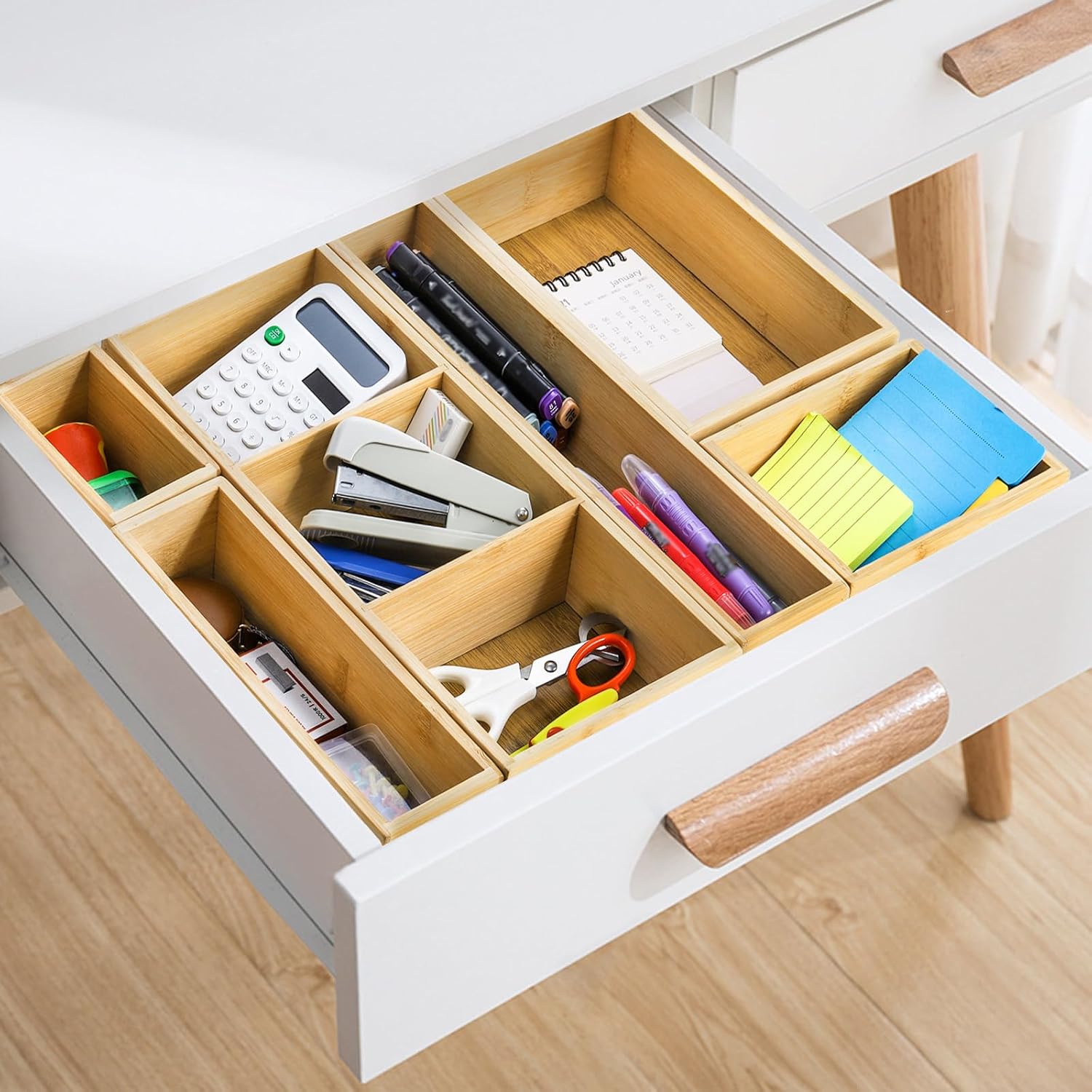 Youeon Set of 6 Bamboo Drawer Organizer Storage Box, Adjustable Cutlery Drawer Organizer, Silverware Organizer Multi-Use for Office, Home, Kitchen, Bedroom, Bathroom