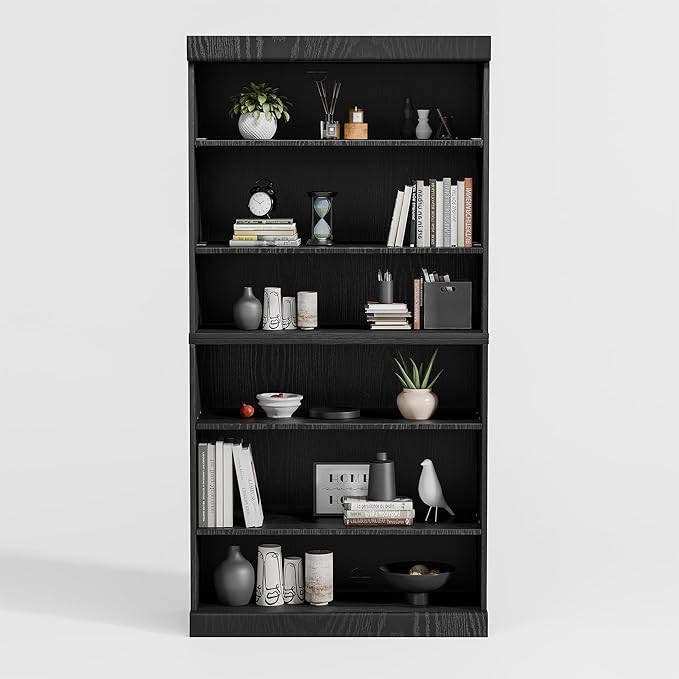 Casaphoria 62" Wooden Book Shelf, 6-Tier Bookcase, Open Bookshelf with Wide Storage Shelves for Home Office, Black