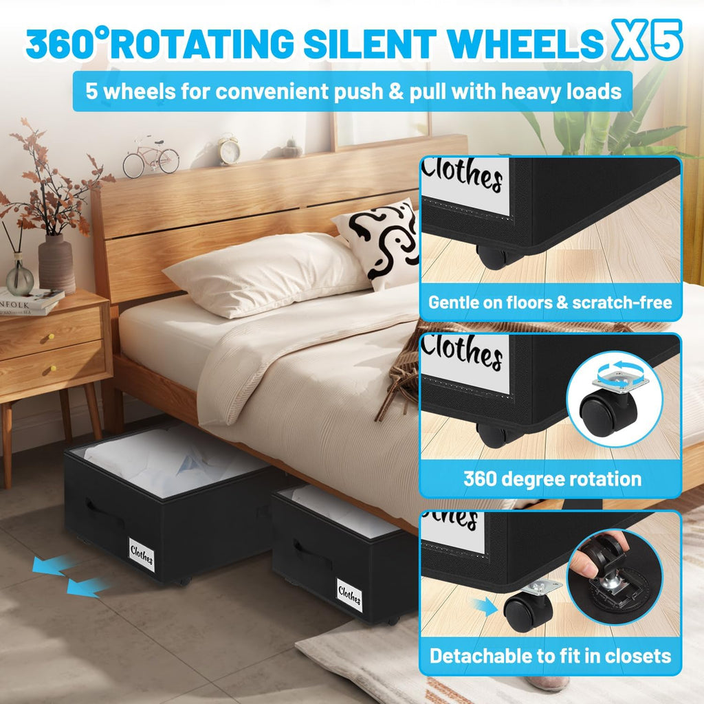 Under Bed Storage with Wheels, 2-Pack 10" Height XXL 60L Rolling Storage Bins, Quick Assembly Underbed Shoe Storage Containers with Clear Lid & Label, Dorm Under bed Drawers for Clothes, Shoes, Black