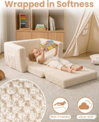 Sherpa Kids Couch, 2-in-1 Fold-Out Comfy Chair for 3+ Years Old, Beige | Potrable Handle & Pocket for Reading, Napping and Playroom
