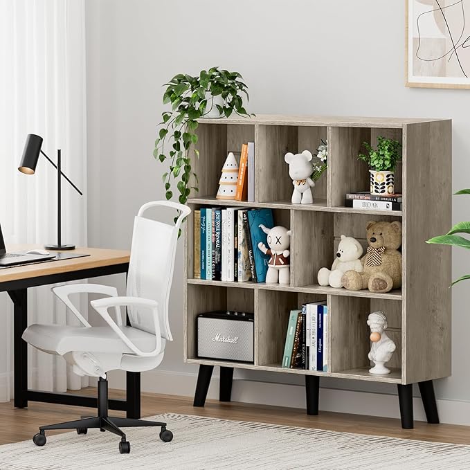 LEYAOYAO 8 Cube Bookshelf, 3 Tier Modern Bookcase with Legs, Mid-Century Modern Wood Book Shelves Storage, Retro Grey Book Case, Freestanding Organizer Display Shelf for Bedroom,Living Room,Office
