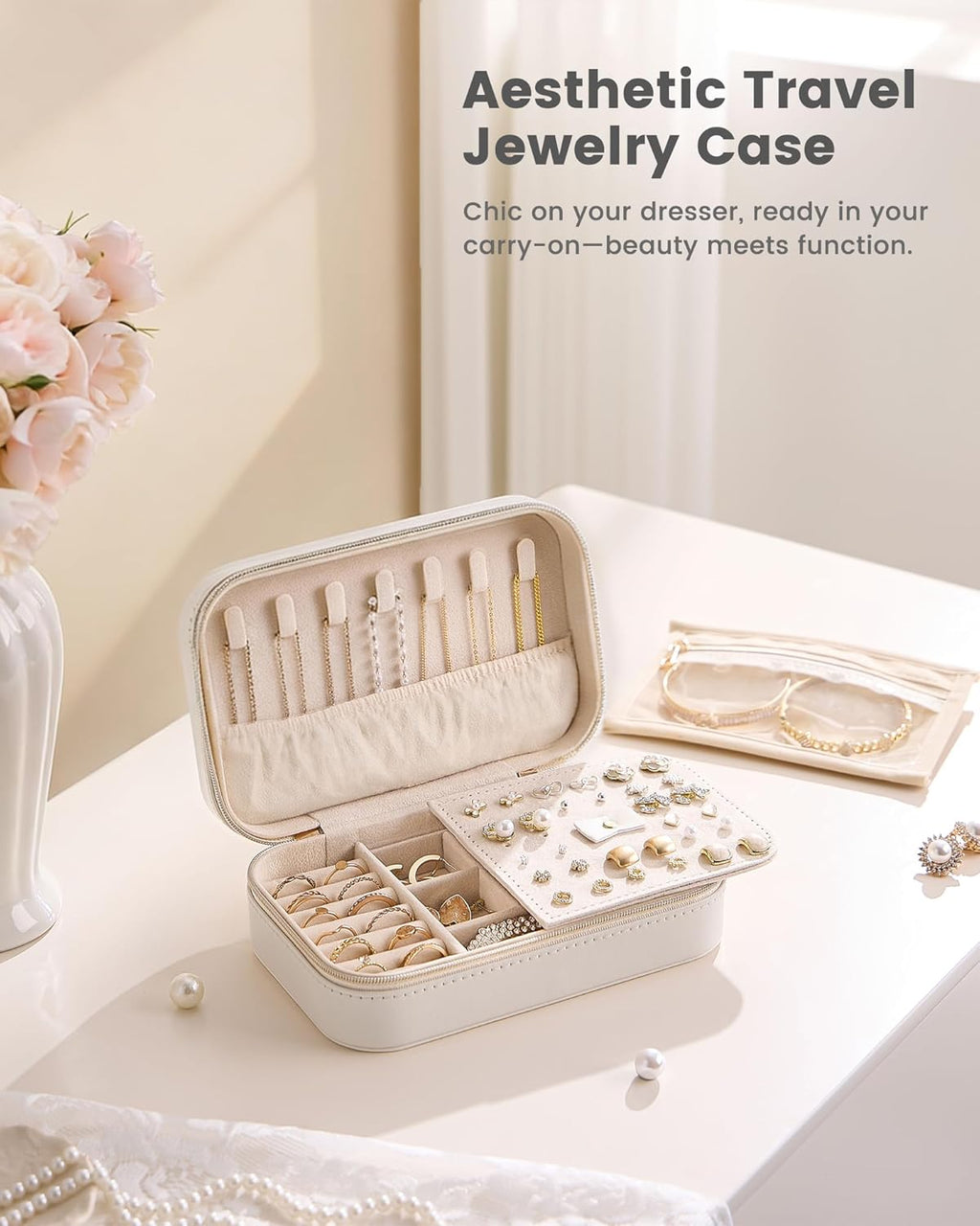 Lolalet Travel Jewelry Case for Women Girls, Travel Jewelry Organizer with Clear Storage Bag Small Portable Jewelry Box for Necklace Bracelet Earring Ring Valentines Bridesmaid Gifts -Medium/Beige