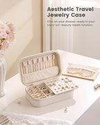 Lolalet Travel Jewelry Case for Women Girls, Travel Jewelry Organizer with Clear Storage Bag Small Portable Jewelry Box for Necklace Bracelet Earring Ring Valentines Bridesmaid Gifts -Medium/Beige