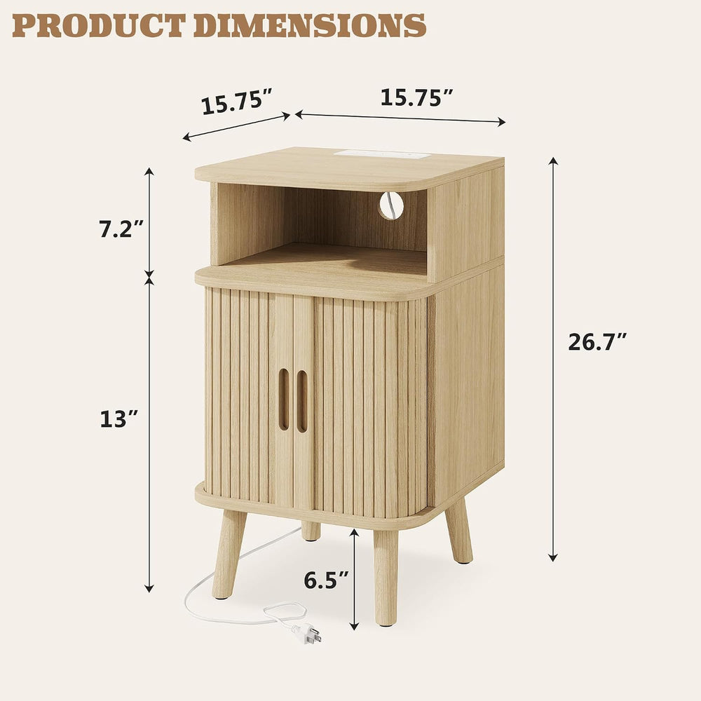 Alohappy Fluted Nightstands Set of 2 with Charging Station, Mid Century Moder...